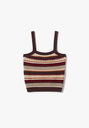 Gestricktes Tanktop mit schmalen Trägern und horizontalen Streifen in Braun, Creme, Bordeaux und Orange mit unterschiedlichen strukturierten Mustern.