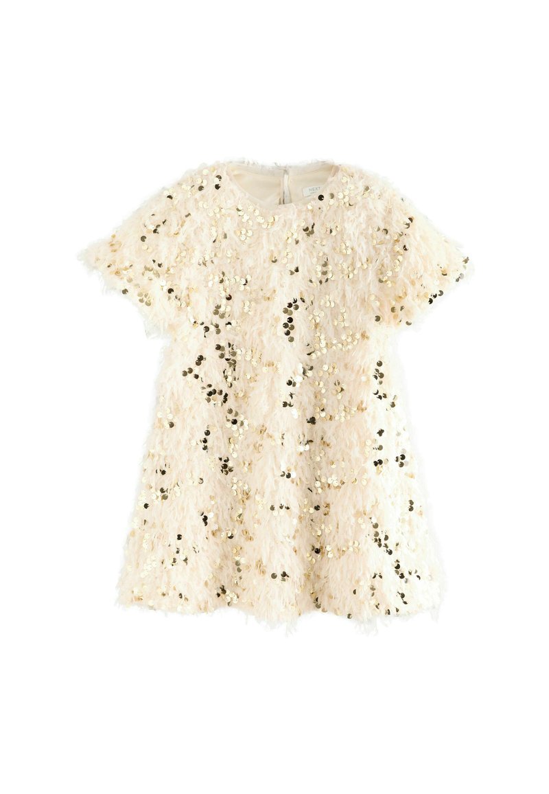 Rochie cu mânecă scurtă în nuanță de crem, cu un faux fur texturat, împodobită cu paiete aurii. Decolteu rotund și închidere cu fermoar la spate.