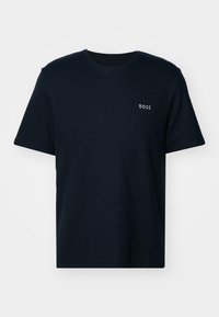 Marineblå bomull t-skjorte med ribbet tekstur, korte ermer og en liten hvit "BOSS"-logo på venstre bryst. Enkel design med rund hals.