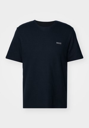 Navy blue cotton t-shirt with a ribbed texture, short sleeves, and a small white "BOSS" logo on the left chest. Simple crew neck design.