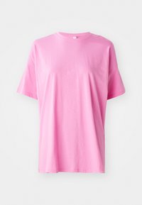 Růžové tričko s krátkým rukávem z bavlny, s kulatým výstřihem a volným střihem, s hladkou strukturou a jednoduchým designem.