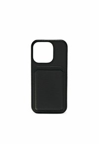 Black leather phone case with a textured finish. Features a square cutout for the camera and a card slot on the back. Edge stitching detail.