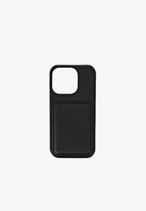 Black leather phone case with a textured finish. Features a square cutout for the camera and a card slot on the back. Edge stitching detail.