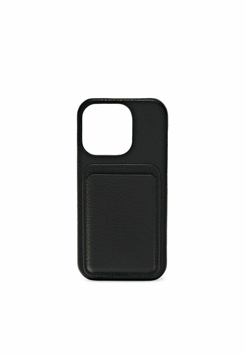 Black leather phone case with a textured finish. Features a square cutout for the camera and a card slot on the back. Edge stitching detail.