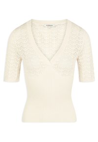 Helles cremefarbenes Kurzarmshirt mit V-Ausschnitt, strukturiertem Zickzackmuster und geripptem Saum. Aus leichtem Strickmaterial gefertigt.