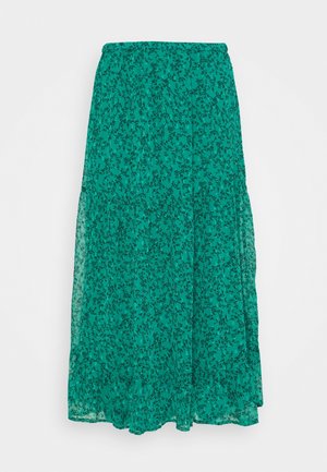 Falda larga floral verde con diseño de capas. Hecha de tela ligera y translúcida con patrones florales negros. Cintura elástica.