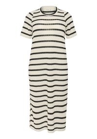 Strickkleid mit kurzen Ärmeln, das abwechselnd schwarze und cremefarbene horizontale Streifen zeigt. Runder Hals und Seitenschlitze für Komfort.