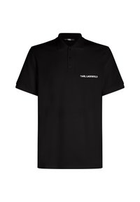 Črna polo majica iz gladkega materiala, z zapiranjem na tri gumbe in vezenim belim logotipom "KARL LAGERFELD" na levem prsnem delu.