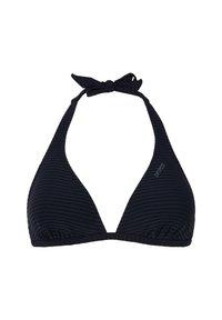 Čierny bikiny top s rebrovanou textúrou, trojuholníkovým tvarom a nastaviteľným uzáverom na krku. Obsahuje malé logo na jednej strane.