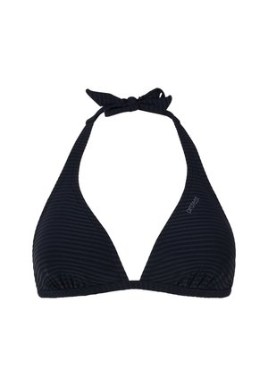 Juodas bikini viršus su raštuota tekstūra, trikampio formos ir reguliuojamu kaklo uždarymu. Vienoje pusėje yra mažas logotipas.