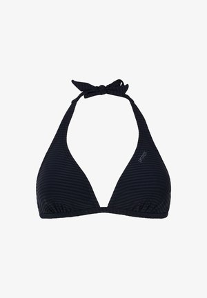 Top de bikini negro con textura acanalada, forma triangular y cierre de cuello ajustable con lazo. Presenta un pequeño logo en un lado.