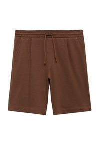 Shorts en coton marron avec une ceinture élastique et un cordon de serrage, dotés de deux poches latérales et d'une coupe droite. Texture douce.