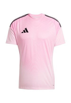 Pink athletic t-shirt with a round neck, short sleeves, and black three-stripe accents. Features subtle textured pattern and logo.