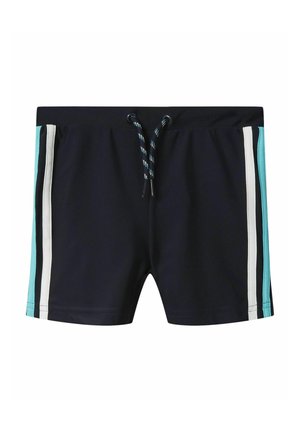 Shorts de bain navy avec taille à cordon de serrage, présentant des rayures latérales turquoise et blanches. Fabriqués en tissu extensible, texture lissante.