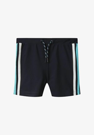 Marine zwemshorts met een trekkoord in de taille, voorzien van turquoise en witte zijstrepen. Gemaakt van rekbare stof met een gladde textuur.