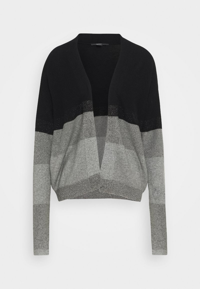 Svart och grå cardigan med avslappnad passform, med horisontella ränder i olika nyanser och en lätt texturerad yta. Öppen frontdesign.
