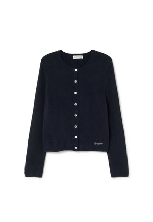 Cardigan azul marino de manga larga con botones, escote redondo y pequeño logo bordado en blanco "Brownie" en el dobladillo.