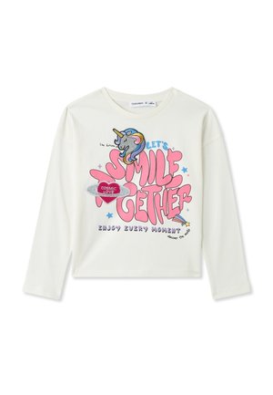 Biała bawełniana koszulka z długim rękawem z grafiką jednorożca, kolorowym napisem "UŚMIECHNIJMY SIĘ RAZEM" oraz różnymi akcentami gwiazdek.