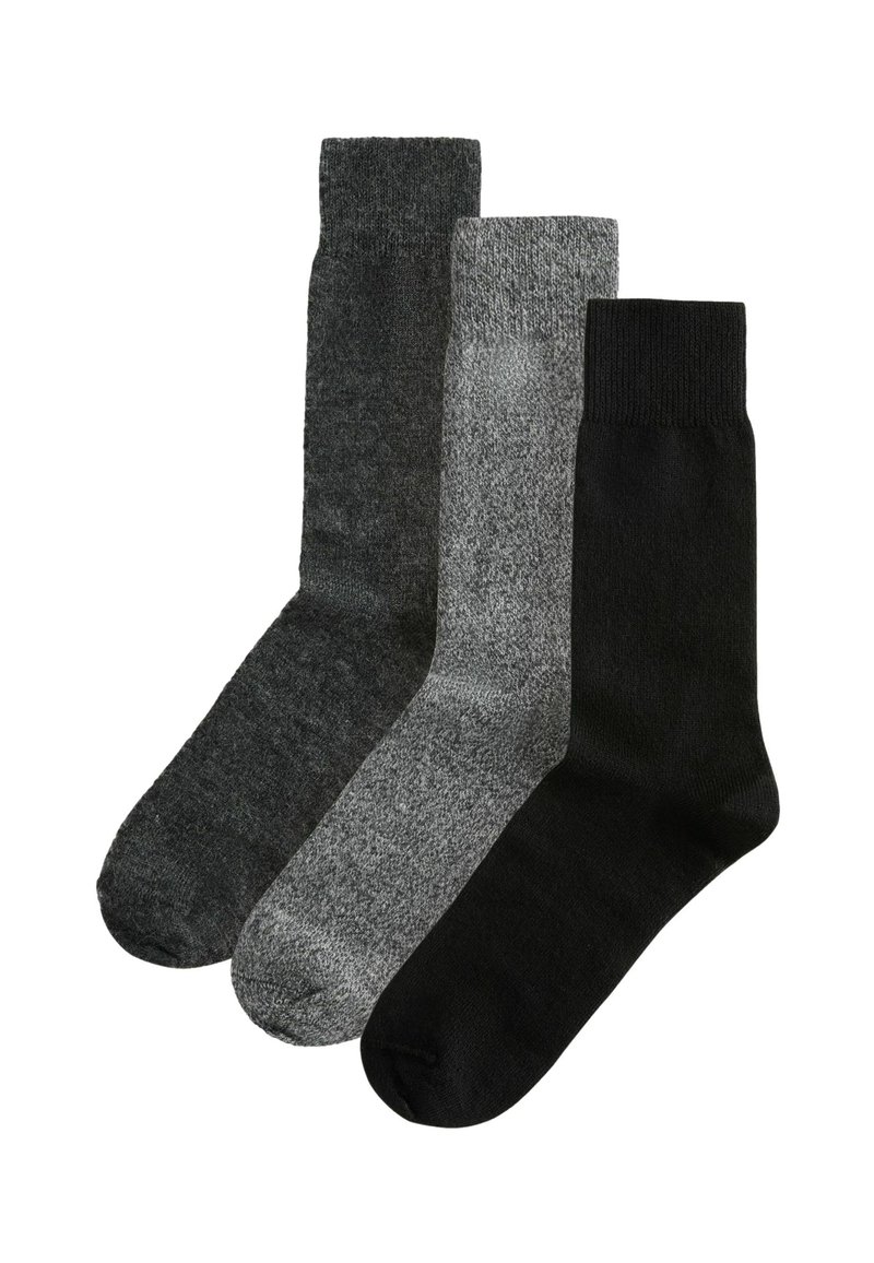 Three pairs of socks: one black, one dark grey, and one heather grey. Each sock has a ribbed cuff and a smooth texture.