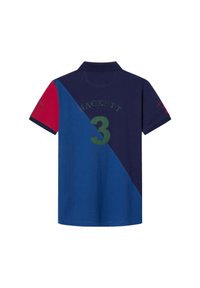 Polo shirt met een marineblauw en rood ontwerp, voorzien van een groene 'HACKETT' logo en het nummer '3' op de achterkant. Van katoen, met korte mouwen.