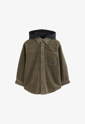 Brun fløjl skjorte med knapper, brystlomme og fastsyet sort hætte, lange ærmer, designet til børn.