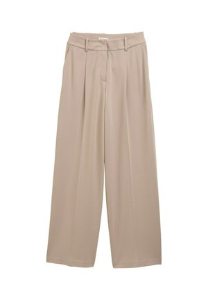 Pantalons larges beiges à taille haute, avec des plis à l'avant et une texture lisse. Conçus avec des passants de ceinture et un ourlet net.