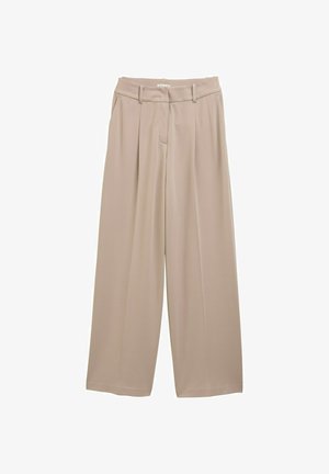 Beige wijde broek met een hoge taille, plooien aan de voorkant en een soepele textuur. Ontworpen met riemlussen en een nette zoom.