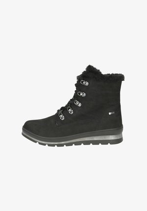 Zwarte enkellaarsjes van suede met nepbontafwerking, voorzien van metalen oogjes en haken, een gevoerde zool en een lichte sleehak.