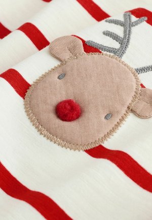 White fabric with red stripes featuring a tan reindeer face applique, with a red felt nose, gray antlers, and embroidered details.
