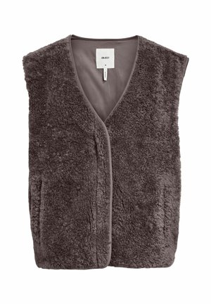 Gilet grigio smanicato realizzato in morbido tessuto testurizzato. Presenta una profonda scollatura a V, apertura frontale e due tasche laterali. Design semplice senza chiusure.
