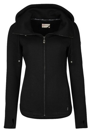 Schwarze Reißverschluss-Jacke mit hohem Kragen, langen Ärmeln, Daumenlöchern an den Bündchen und einem kleinen Metalllogo in der Nähe des Saums.