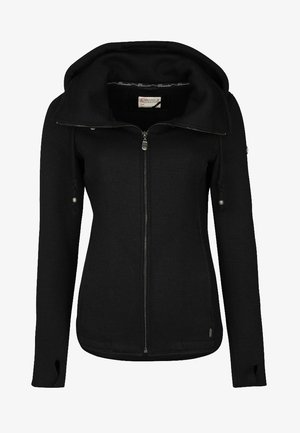 Czarna kurtka na zamek z wysokim kołnierzem, długimi rękawami, otworami na kciuki w mankietach i małym metalowym logo w pobliżu dołu.