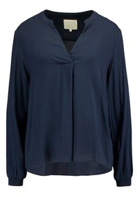 Blusa de manga longa azul-marinho com decote em V e detalhe de pregas na frente. Feita de um tecido suave com um corte descontraído e punhos elásticos.
