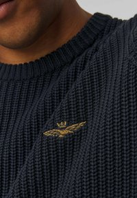 Maglione lavorato a maglia blu navy con texture a coste; presenta un piccolo emblema ricamato in oro di ali con una corona. Design con scollatura a girocollo.