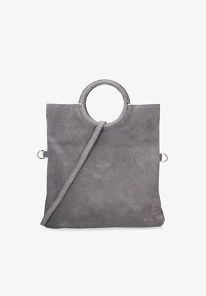 Gray suede tote bag with a structured shape, circular top handle, and detachable shoulder strap. Smooth texture with minimal hardware.