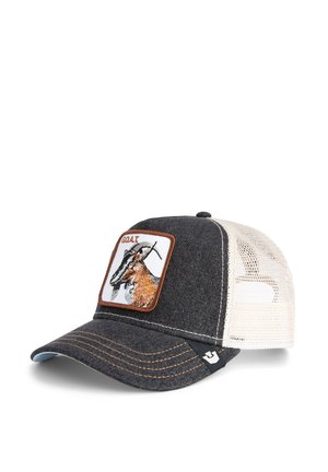 Casquette avec un devant en denim gris, un dos en mesh et une patch en cuir marron présentant une illustration de chèvre. Détails cousus et visière incurvée.