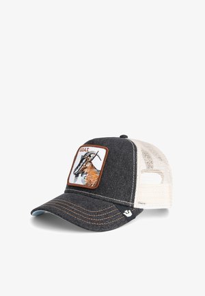 Cap with a gray denim front, mesh back, and a brown leather patch featuring a goat illustration. Stitched details and curved brim.