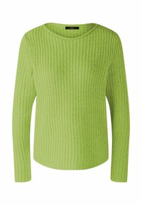 Sweter dziany z długim rękawem w jasnym zielonym kolorze, z prążkowaną teksturą, okrągłym dekoltem i luźnym krojem.