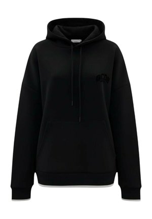 Felpa nera a maniche lunghe con cappuccio, tasca a marsupio frontale, coulisse e logo discreto sul petto a sinistra.