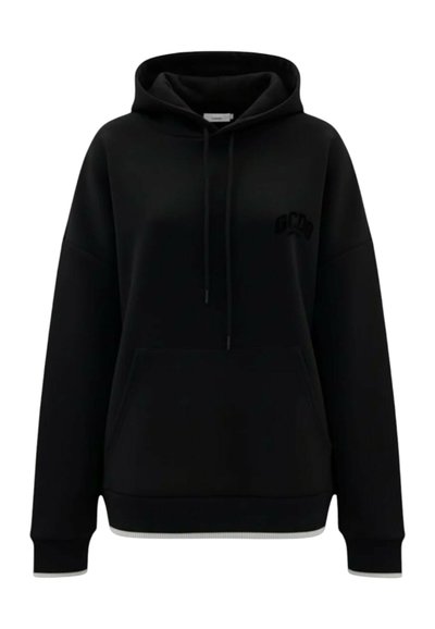 Sweat à capuche noir à manches longues avec poche kangourou à l'avant, capuche avec cordon de serrage et logo discret sur le côté gauche de la poitrine.