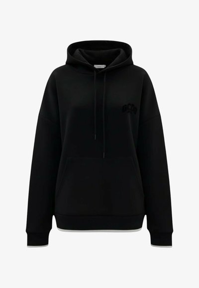 Sweat à capuche noir à manches longues avec poche kangourou à l'avant, capuche avec cordon de serrage et logo discret sur le côté gauche de la poitrine.