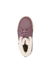 Purple athletic shoe with textile upper, soft white lining, and elastic laces. Cushioned sole for comfort and support.