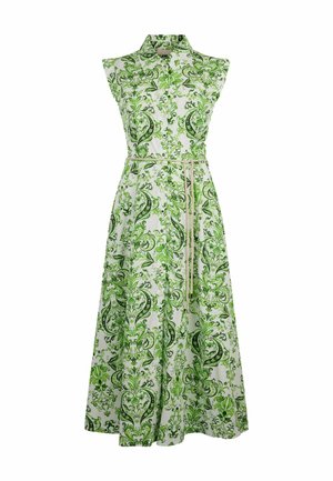 Ein ärmelloses grün-weißes Kleid mit Kragen, das ein florales Muster aufweist und einen gebundenen Gürtel in der Taille hat, aus leichtem Stoff gefertigt.