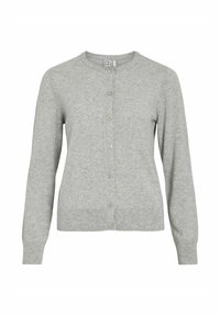 Svetlosiva pletena jopa z okroglim izrezom, dolgimi rokavi in zapenjanjem na gumbe spredaj. Rebrast spodnji rob in manšete. Mehka tekstura.