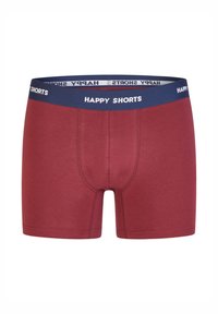Vínové boxerky s tmavě modrým elastickým pasem, na kterém je bíle nápis "HAPPY SHORTS". Měkká látka s přiléhavým střihem bez viditelných vzorů.