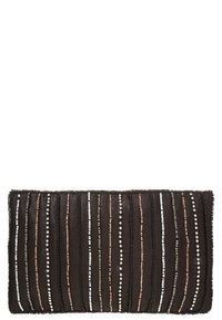 Rechteckige schwarze Clutch mit vertikalen Reihen kleiner metallischer Perlen in Silber, Kupfer und Gunmetal-Farben auf der Vorderfläche.