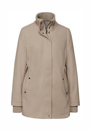 Beige wool blend coat with a high collar, zipper, and snap closures. Features side pockets and ribbed knit cuffs for added texture.