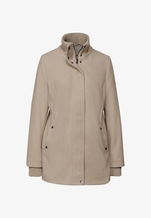 Manteau en laine beige mélangée avec un col montant, une fermeture éclair et des boutons-pression. Dispose de poches latérales et de poignets en tricot côtelé pour ajouter de la texture.