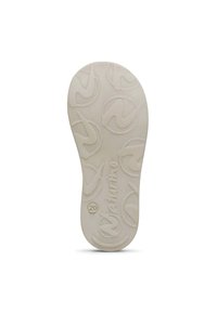 Semelle d'un article de chaussure en caoutchouc blanc, présentant un design de logo en relief et une surface texturée pour une meilleure adhérence, avec une marque de taille "20" visible.