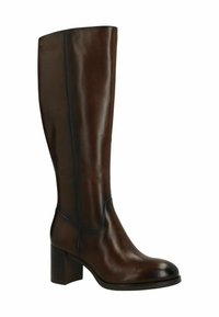 Bottes en cuir brun hauteur genou avec une tige droite, un talon bloc, une texture lisse et un subtil détail de couture. Conçues pour un look ajusté.